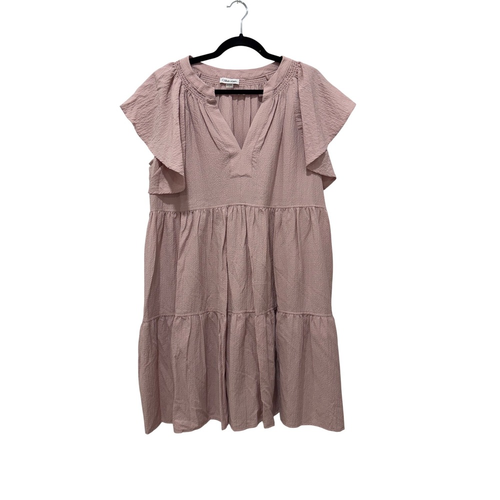 Calvin Klein Pink Crinkle Tiered Mini Dress Flutter Sleeve Pockets Size 16